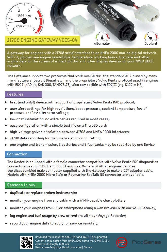 Yacht Devices YDES-04 J1708 Engine Gateway datasheet